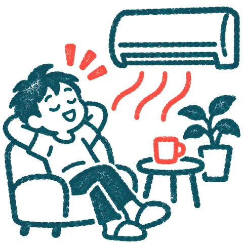 エアコンで涼む人のイラスト(はんこ)