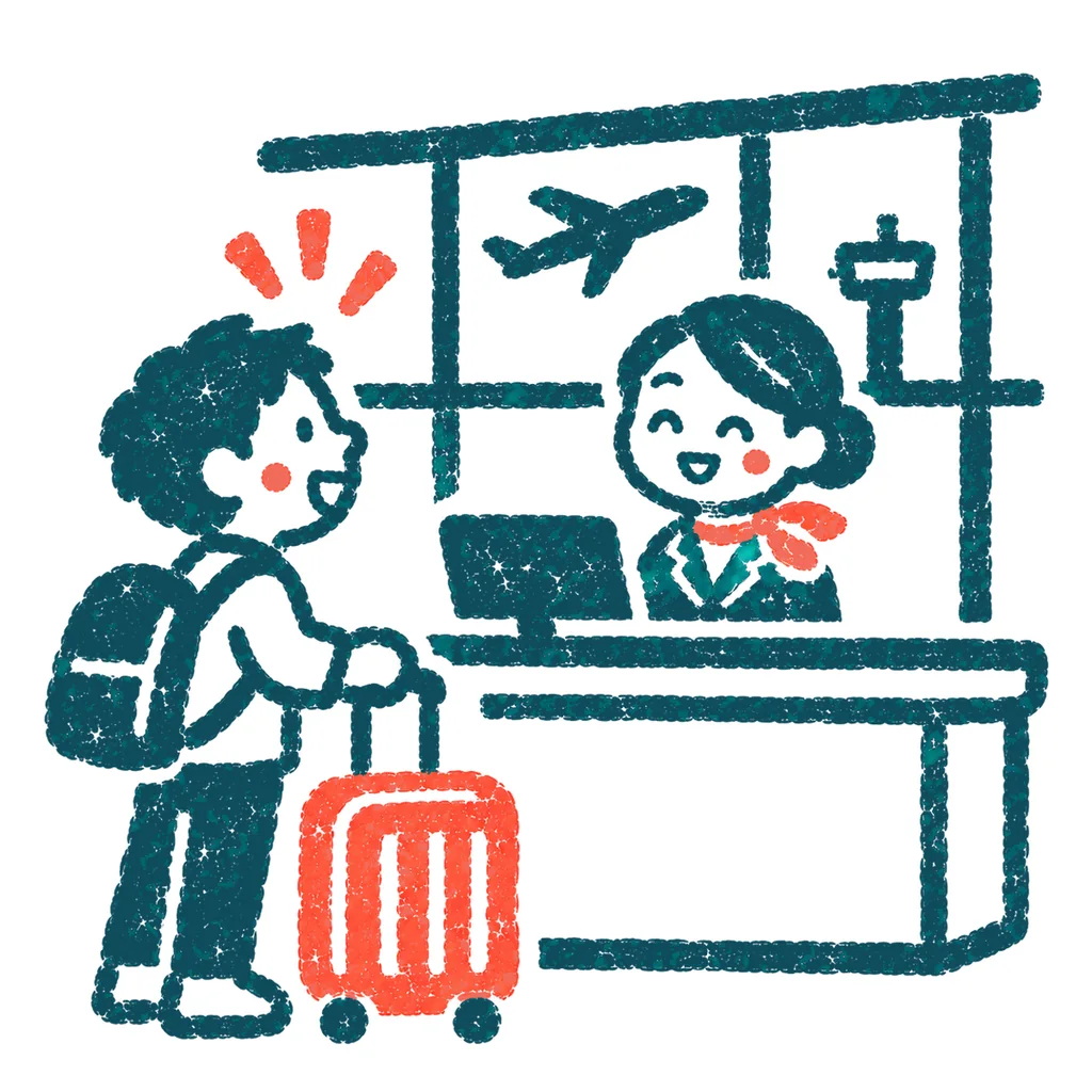 空港で搭乗手続きのイラスト(はんこ)
