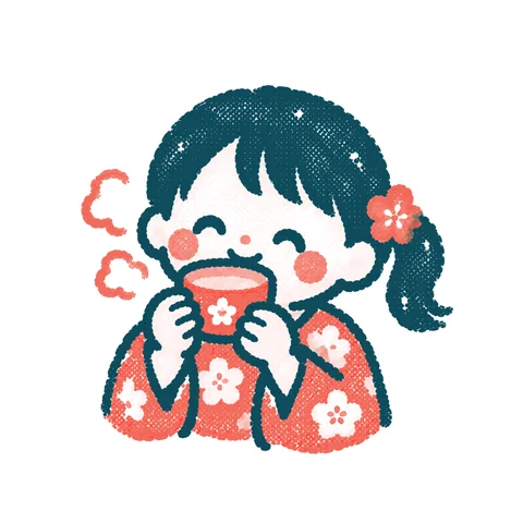 甘酒を飲む子どものイラスト(はんこ)