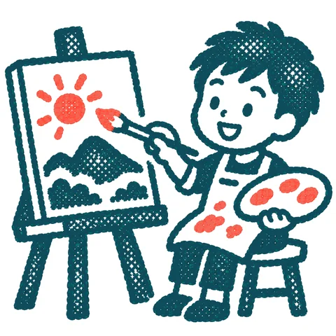絵を描く図工の時間のイラスト(はんこ)