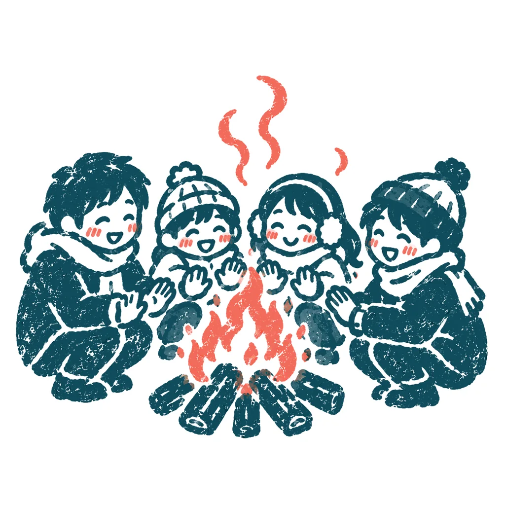たき火にあたる人たちのイラスト(はんこ)