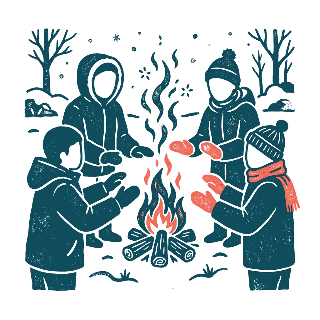 たき火にあたる人たちのイラスト(はんこ・顔なし)