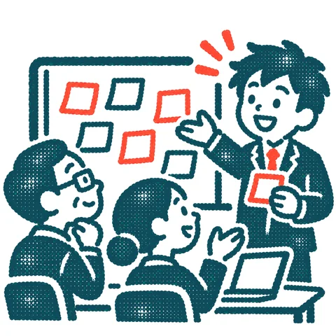 アイデアを出し合う人たちのイラスト(はんこ)