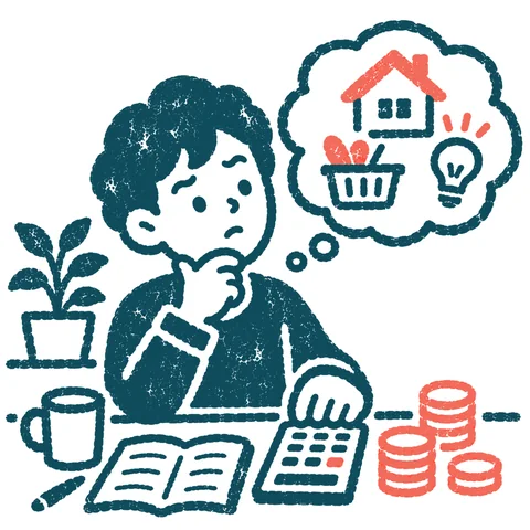 家計簿をつける人のイラスト(はんこ)