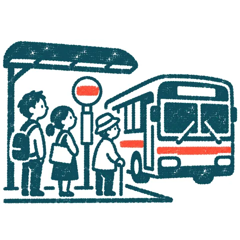 バス停でバスを待つのイラスト(はんこ)