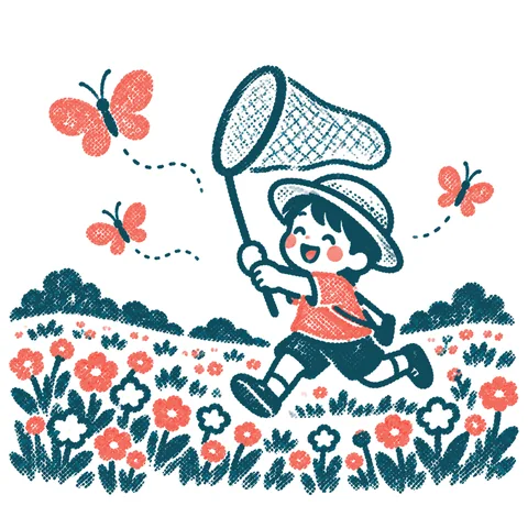 蝶を追いかける子どものイラスト(はんこ)