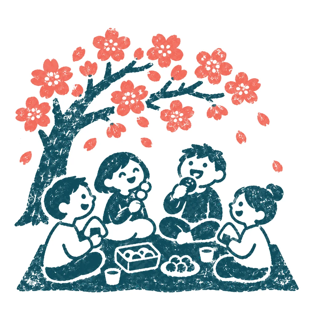 お花見をする人たちのイラスト(はんこ)