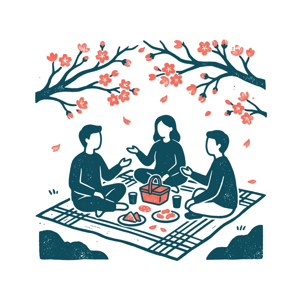 お花見をする人たちのイラスト(はんこ・顔なし)