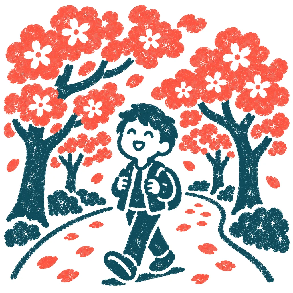 桜並木を歩くのイラスト(はんこ)