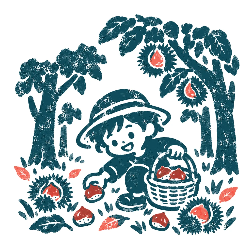 栗拾いをする子どものイラスト(はんこ)
