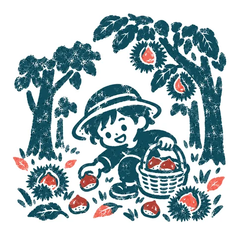栗拾いをする子どものイラスト(はんこ)
