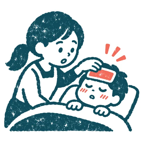 熱を出した子どもを看病するのイラスト(はんこ)