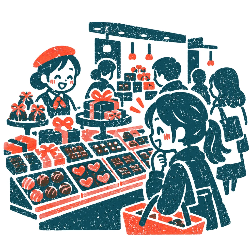 チョコ売り場で選ぶ人のイラスト(はんこ)