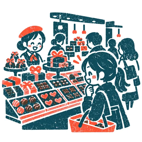 チョコ売り場で選ぶ人のイラスト(はんこ)