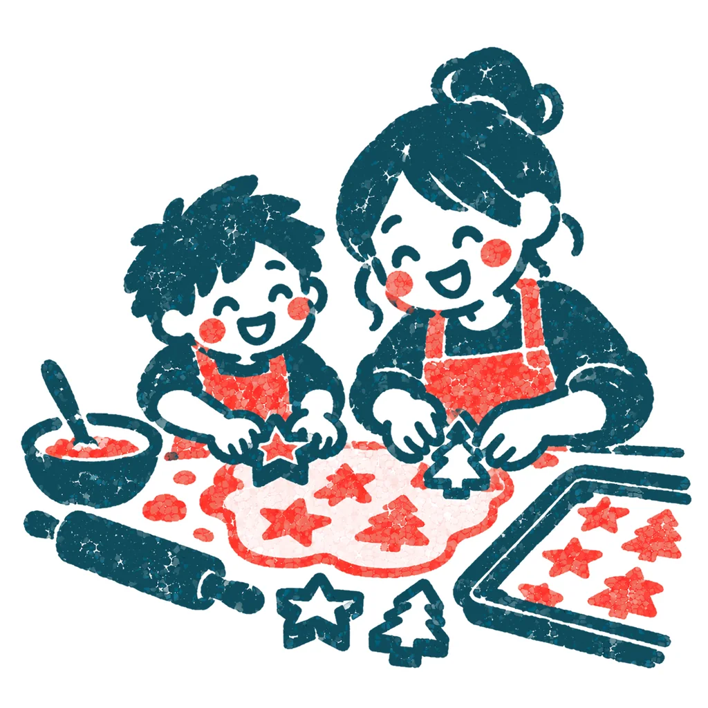 クッキーを型抜きする親子のイラスト(はんこ)