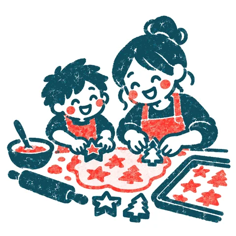 クッキーを型抜きする親子のイラスト(はんこ)