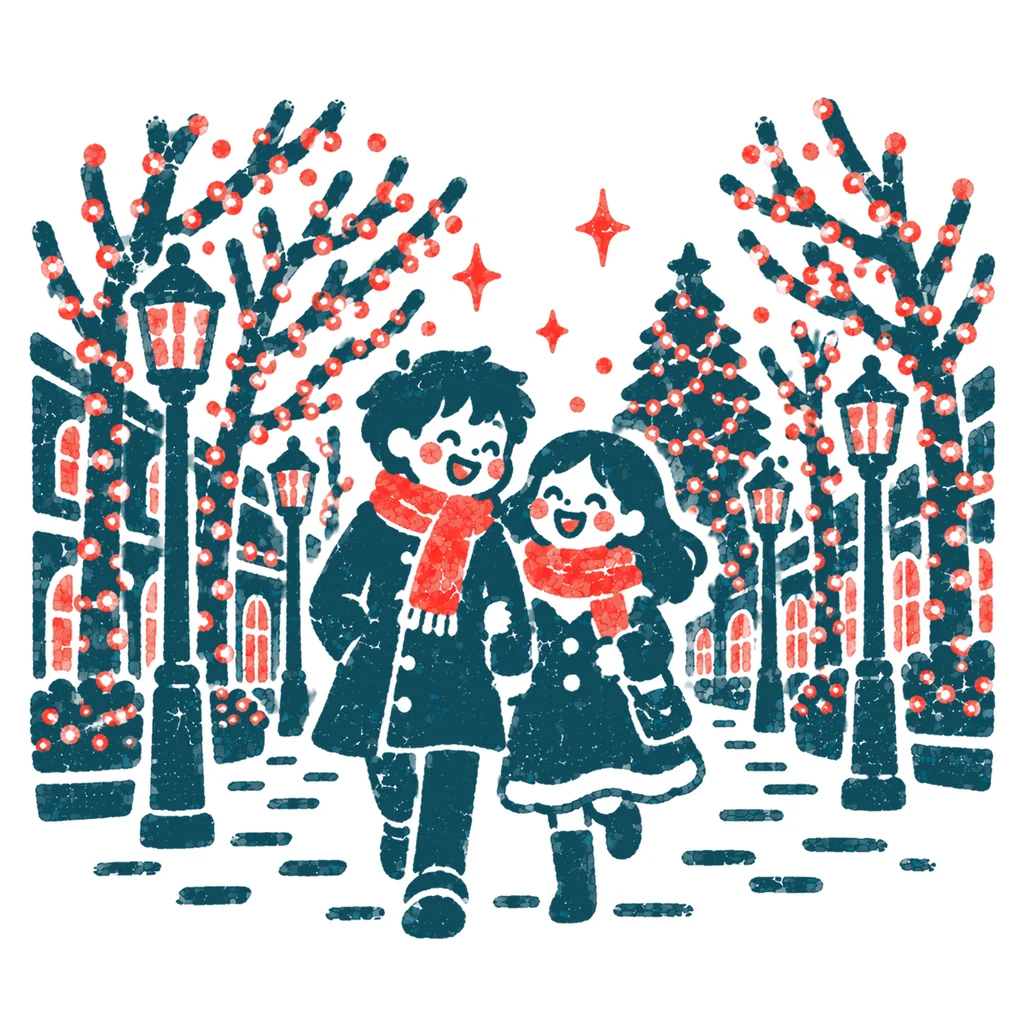 イルミネーションの街を歩くのイラスト(はんこ)