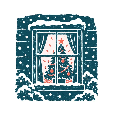 雪の夜のクリスマスの窓辺のイラスト(はんこ)