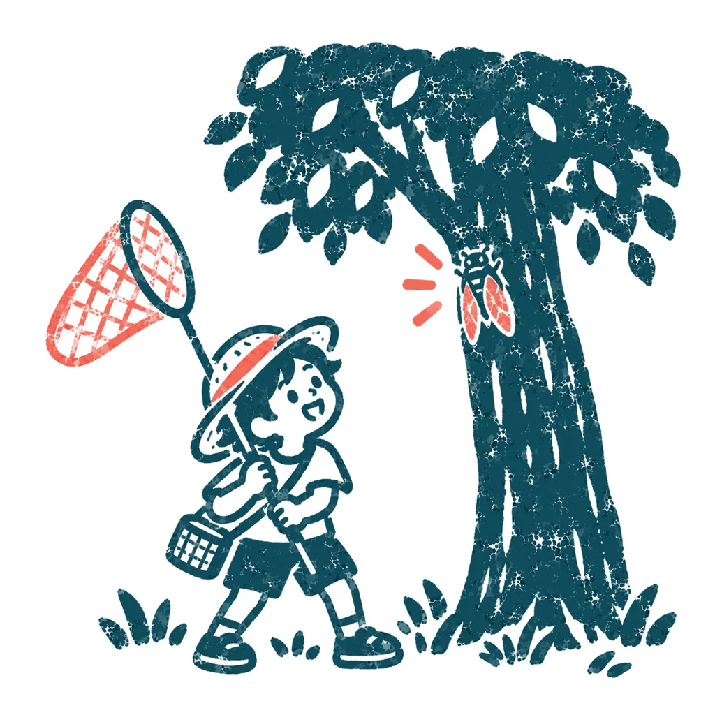 虫取りをする子どものイラスト(はんこ)