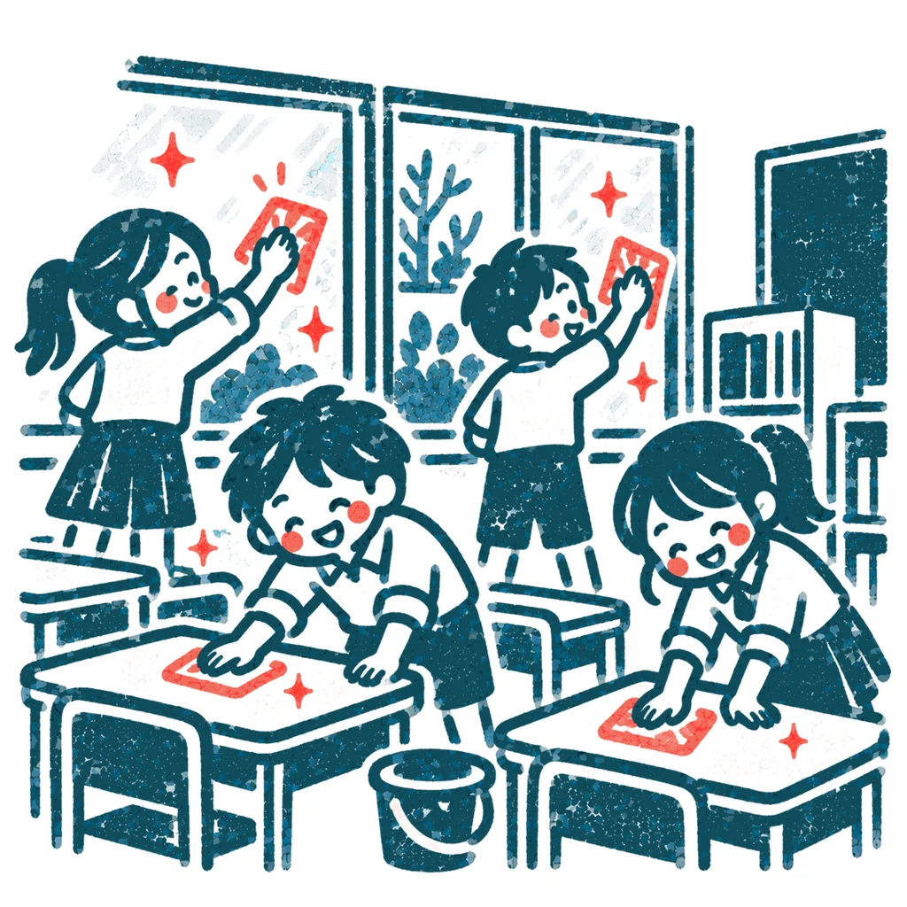 教室の大掃除のイラスト(はんこ)