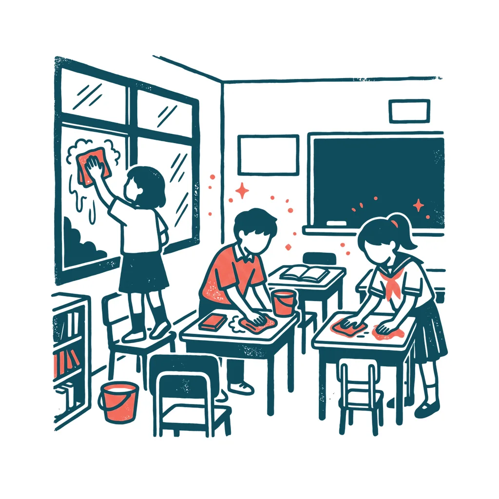 教室の大掃除のイラスト(はんこ・顔なし)