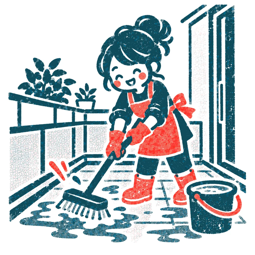 ベランダを掃除する人のイラスト(はんこ)