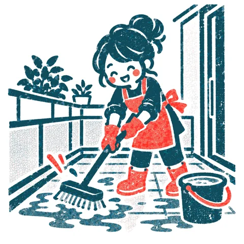 ベランダを掃除する人のイラスト(はんこ)