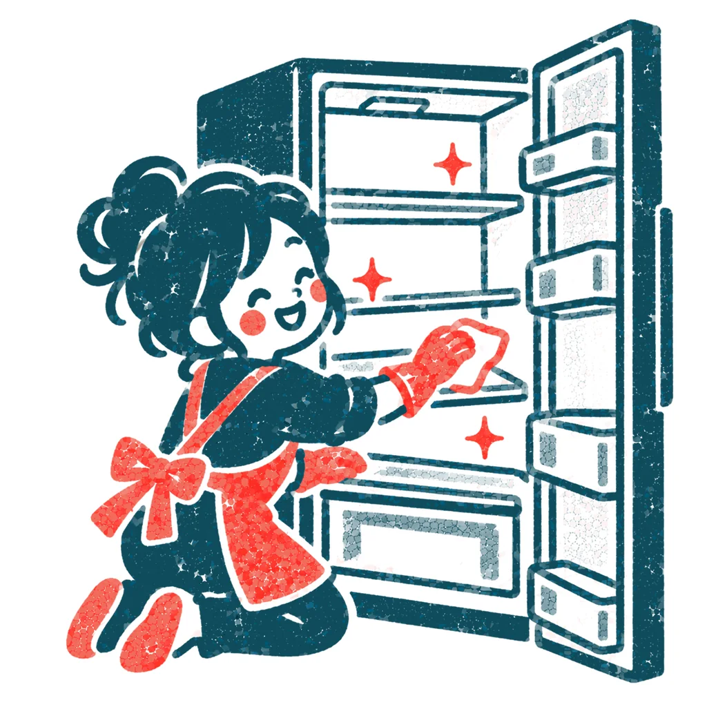 冷蔵庫の中を拭く人のイラスト(はんこ)