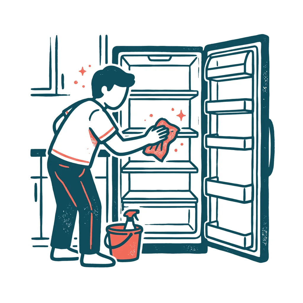 冷蔵庫の中を拭く人のイラスト(はんこ・顔なし)