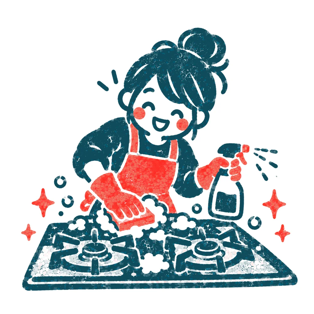 コンロを磨く人のイラスト(はんこ)