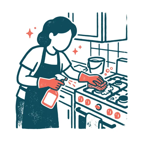 コンロを磨く人のイラスト(はんこ・顔なし)
