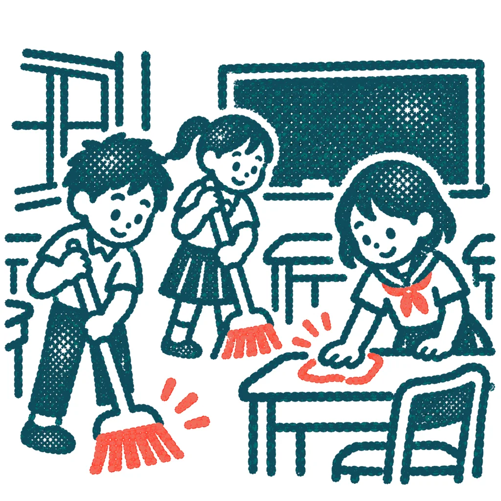 教室を掃除する生徒のイラスト(はんこ)