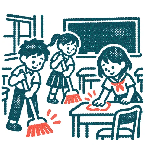 教室を掃除する生徒のイラスト(はんこ)