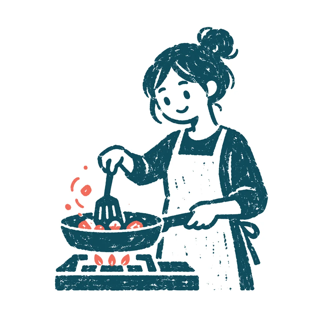 台所で料理する人のイラスト(はんこ)