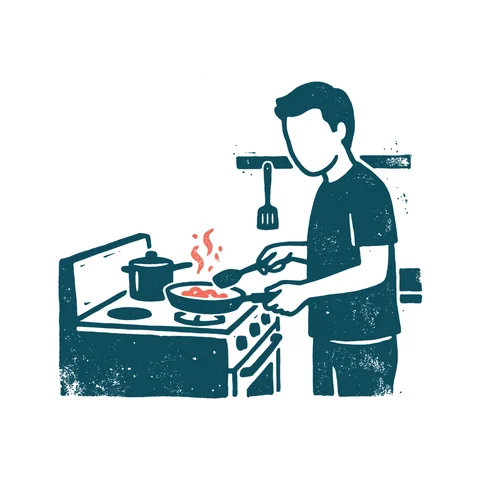 台所で料理する人のイラスト(はんこ・顔なし)
