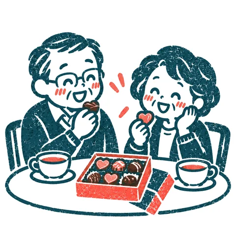 チョコを分け合う夫婦のイラスト(はんこ)