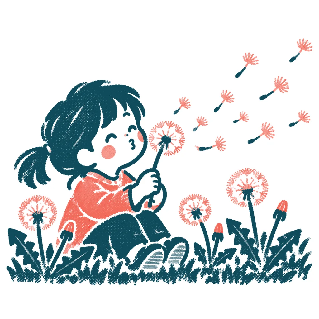 たんぽぽの綿毛を吹く子どものイラスト(はんこ)