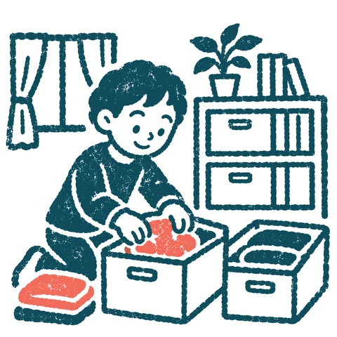 部屋を片付ける人のイラスト(はんこ)