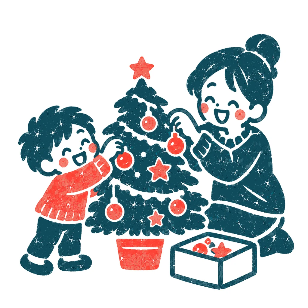 ツリーを飾り付ける親子のイラスト(はんこ)