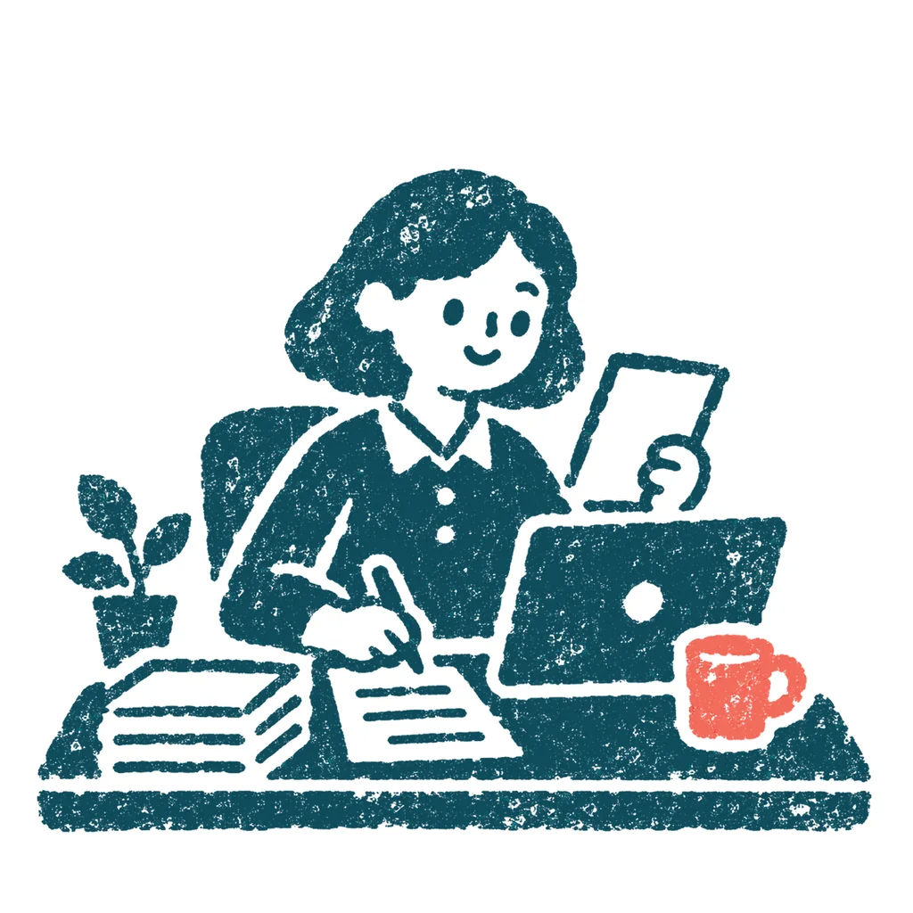 デスクで仕事をする人のイラスト(はんこ)
