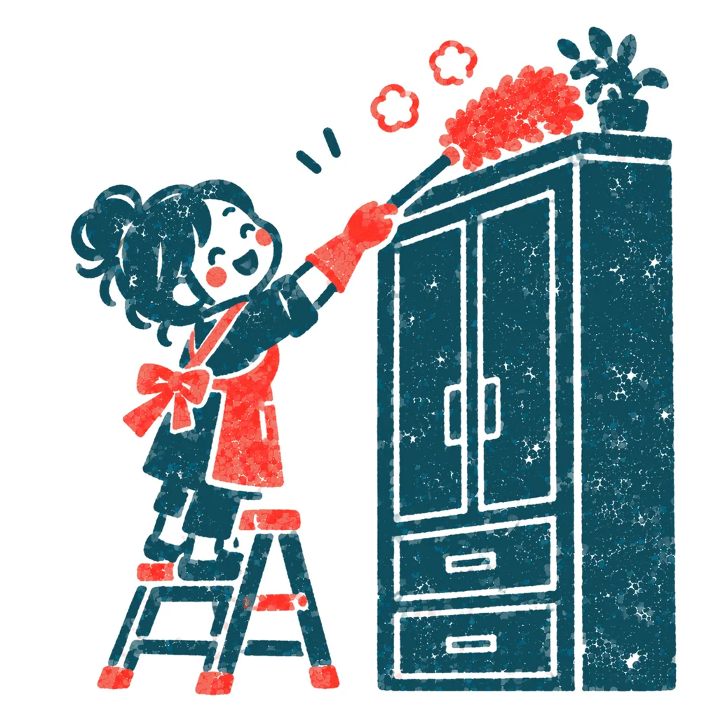 高いところのほこりを払う人のイラスト(はんこ)