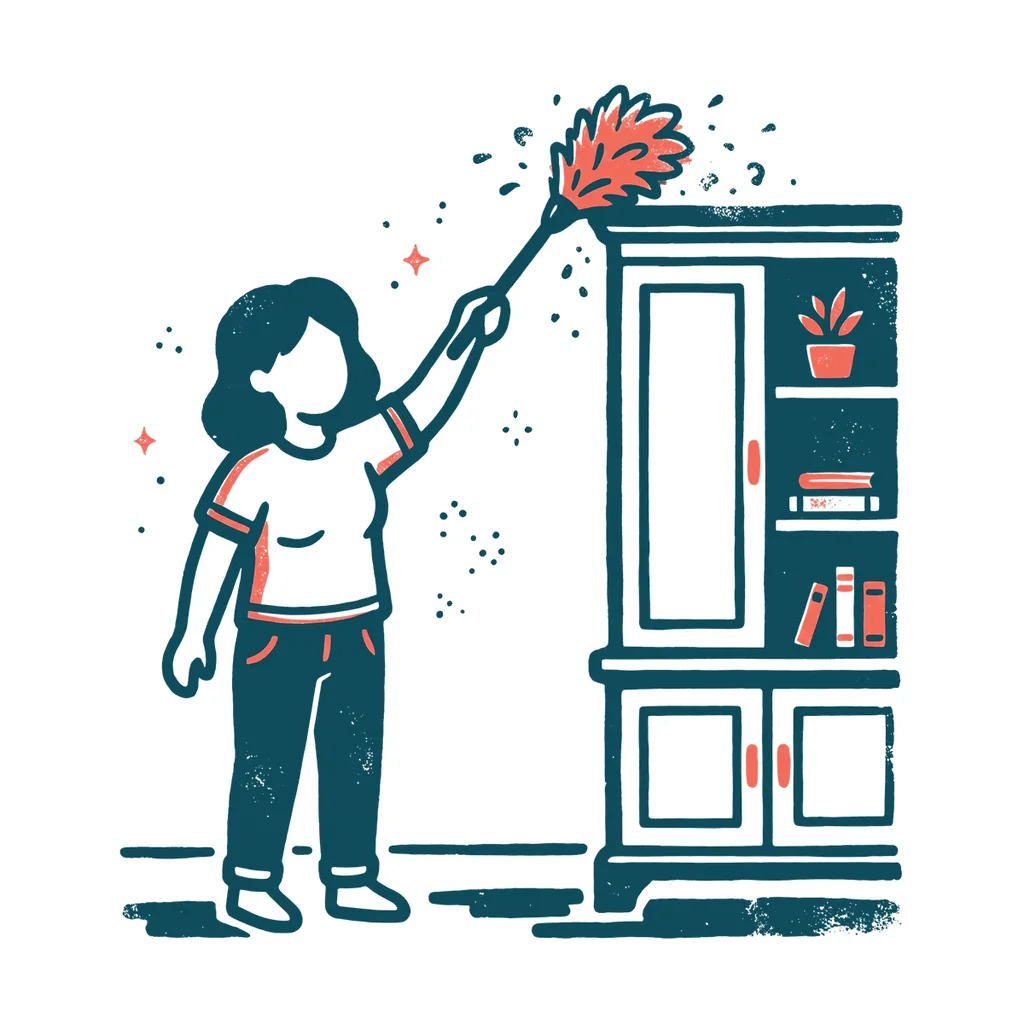 高いところのほこりを払う人のイラスト(はんこ・顔なし)