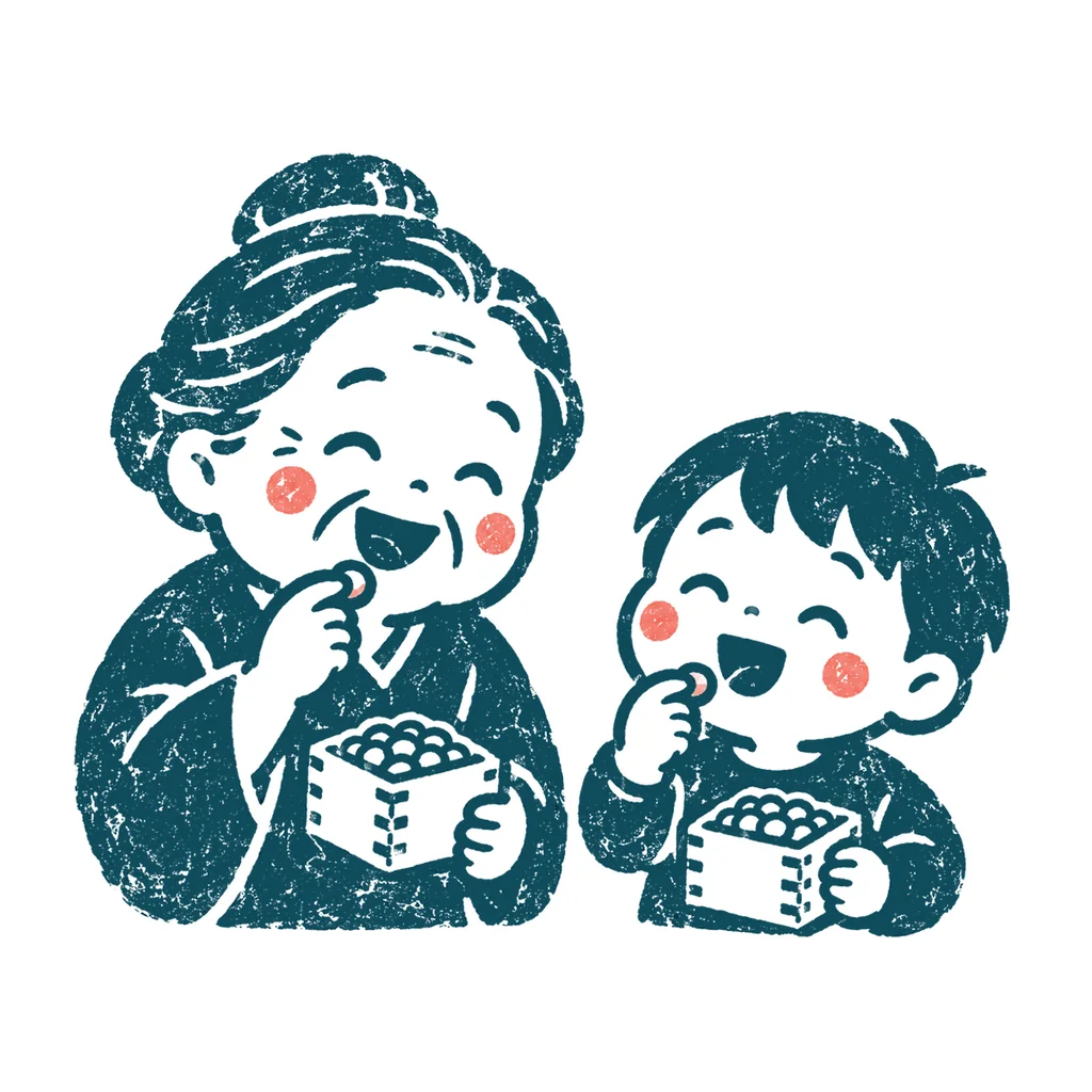 福豆を食べる家族のイラスト(はんこ)
