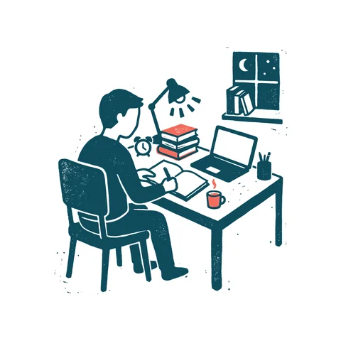 夜遅くまで勉強する受験生のイラスト(はんこ・顔なし)