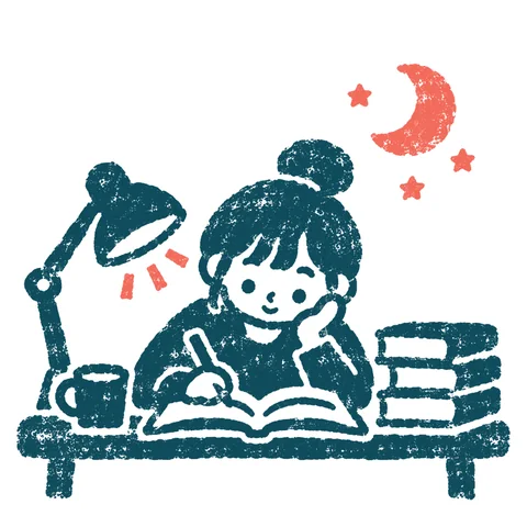 夜遅くまで勉強する受験生のイラスト(はんこ)