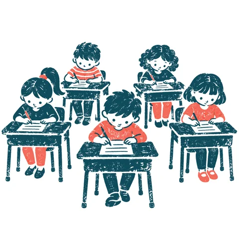 テストを受ける生徒のイラスト(はんこ)