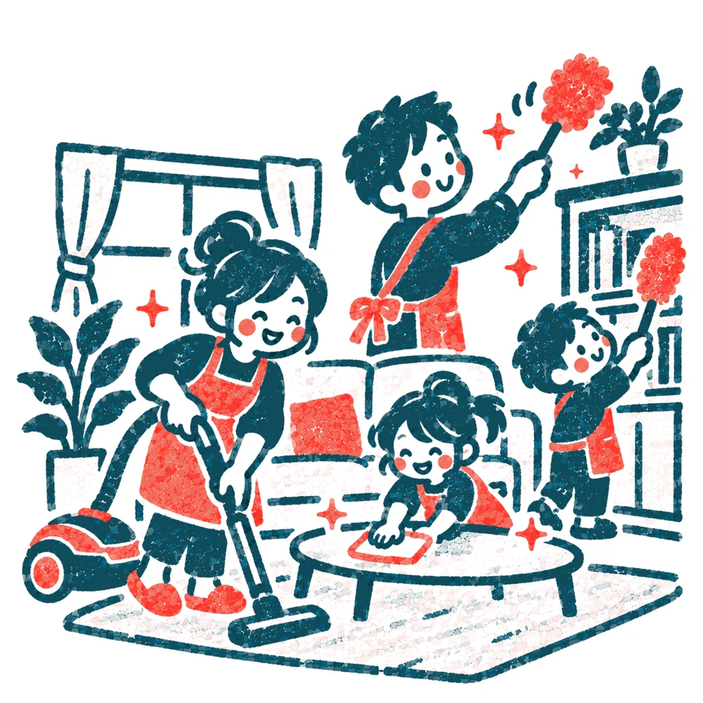 家族で大掃除のイラスト(はんこ)