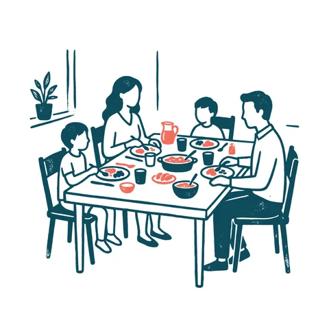 家族で食卓を囲むのイラスト(はんこ・顔なし)