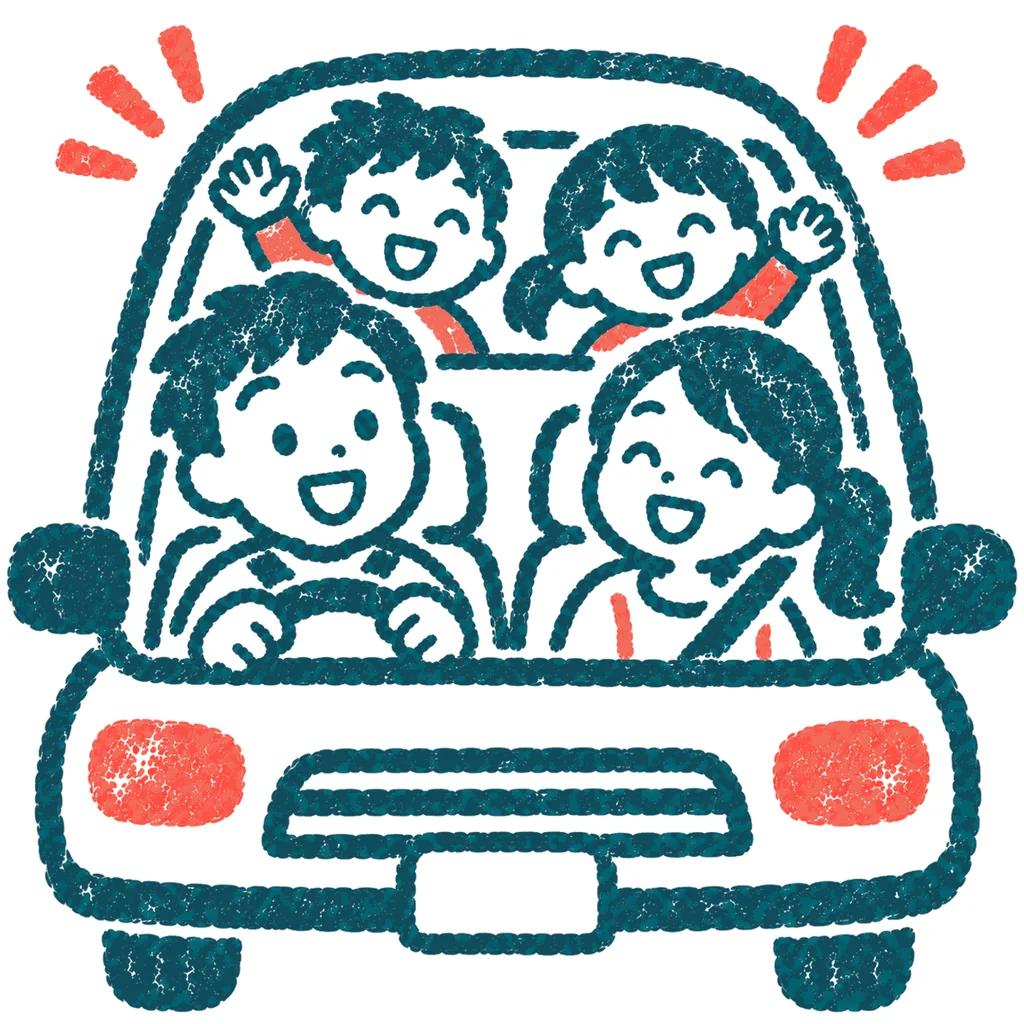 家族で車でお出かけのイラスト(はんこ)