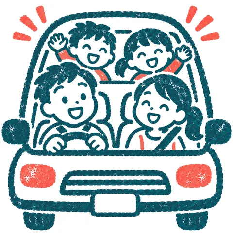 家族で車でお出かけのイラスト(はんこ)
